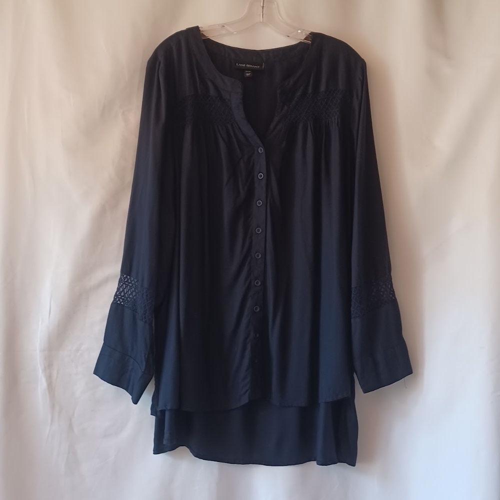 Lane Bryant No Peek Navy Blue Button Front Blouse Lace Insets Size 22/24 NWOT